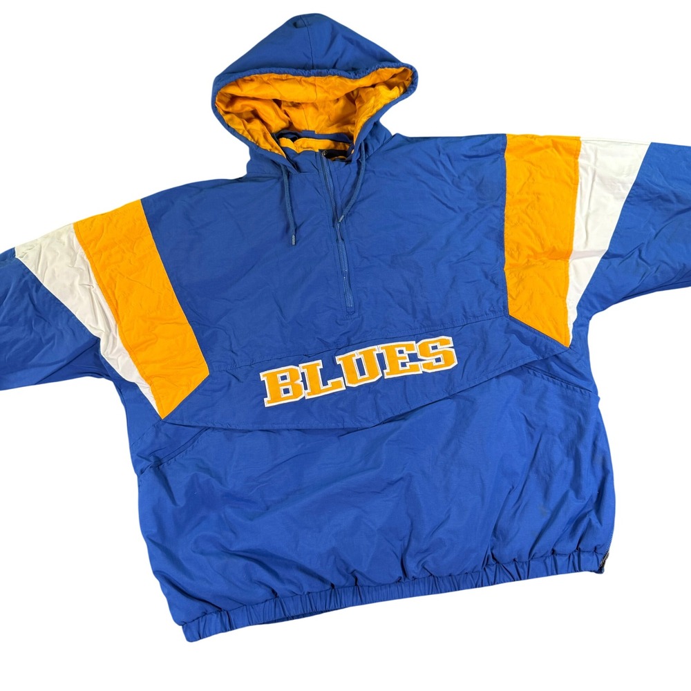 Vintage St Louis Blues Half Zip Puffer Jacket Mens XL Blue Yellow Hooded Logo
